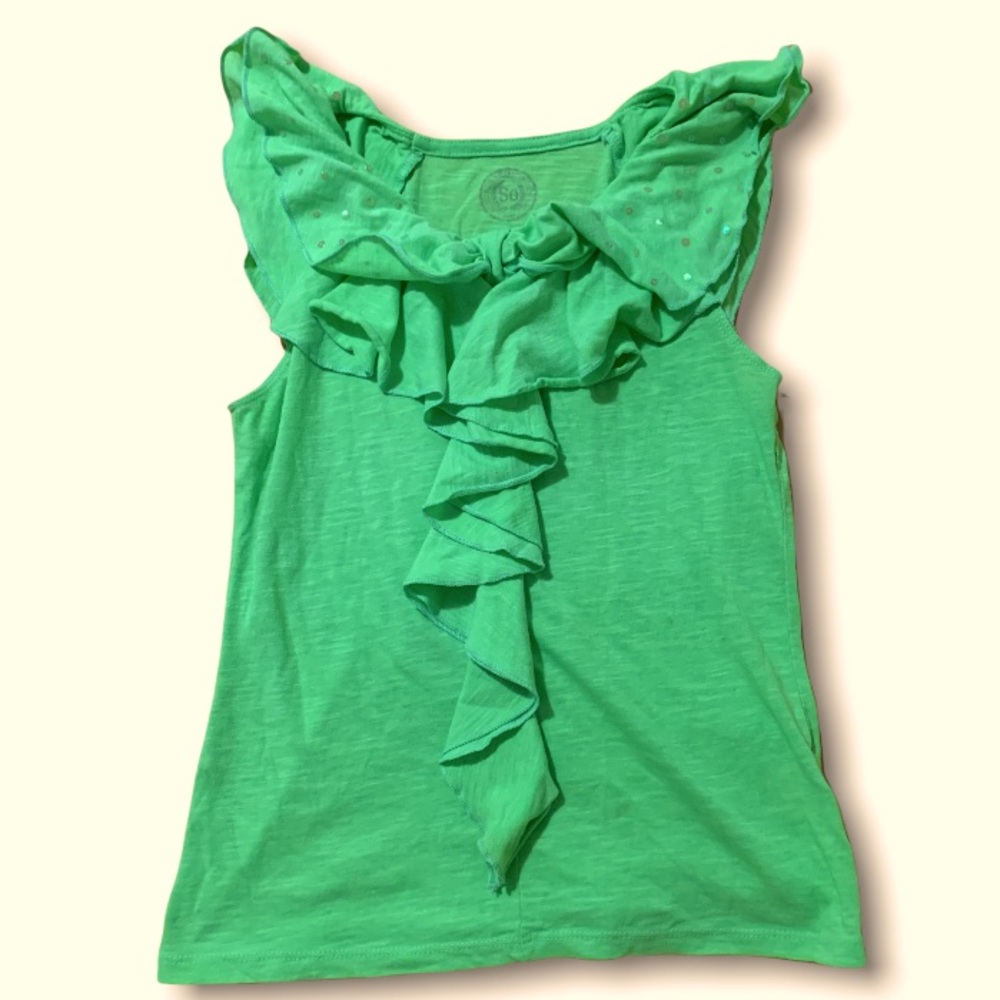 SO Green sleeveless shirt with ruffles.